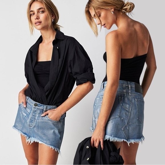 Free People X OneTeaspoon Blue Future Junkyard Mini Skirt 25 XS Shimmer Fray NEW - Picture 1 of 17